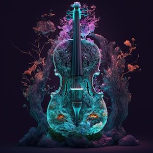 Violin grown into enchanted forest. Roots and branches cover guitar's body. Ethereal magic atmosphere, bioluminiscence, organic shapes, lights. AI generative art, illustration generated by AI